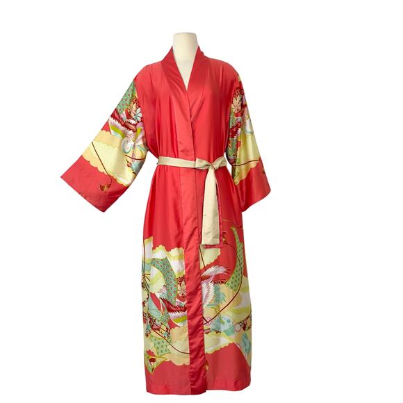 Natori Satin Belted Robe Kimono Maxi Length Coral Print XL - Picture 1 of 12